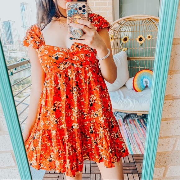 Free People Orange Ruffle Floral Linen Blend Dress - Picture 3 of 4